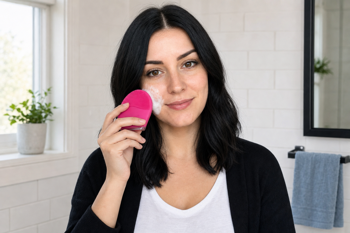 Woman using a pink silicone facial cleansing brush in a bright bathroom