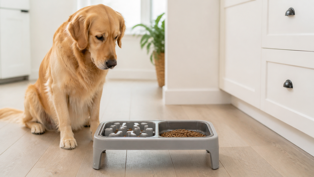 Dog beside an adjustable fast and slow feeder bowl in a bright home kitchen