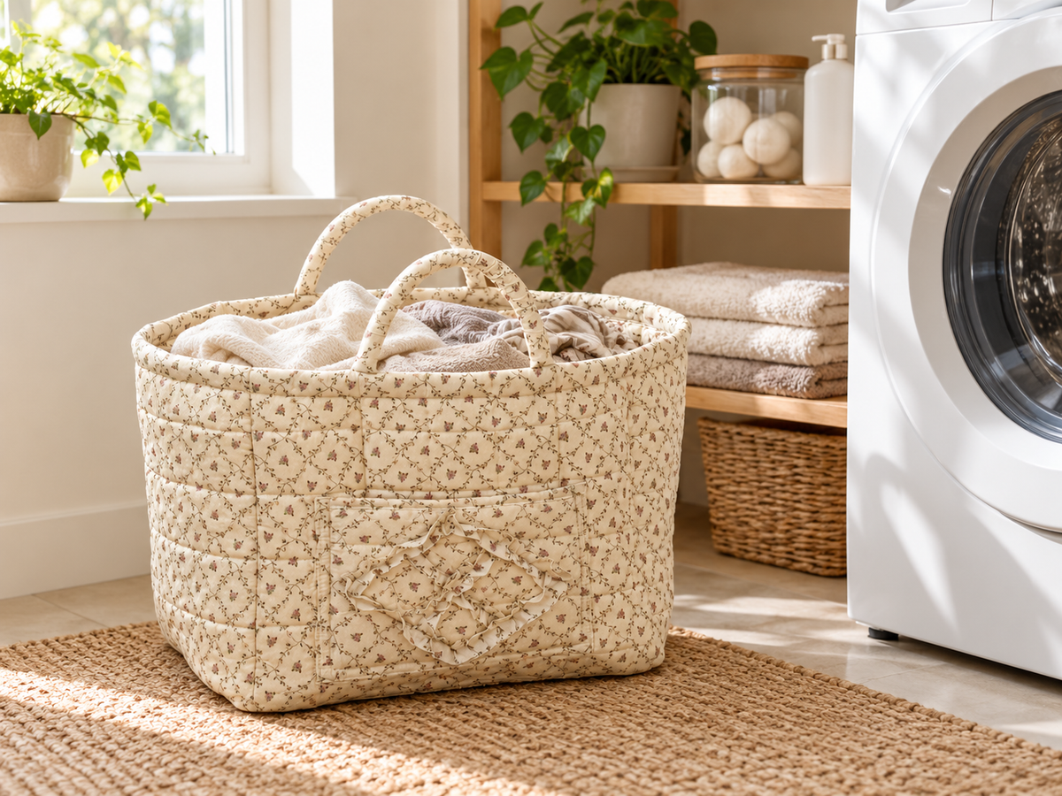 Cream quilted floral laundry basket with padded handles in a bright compact laundry nook