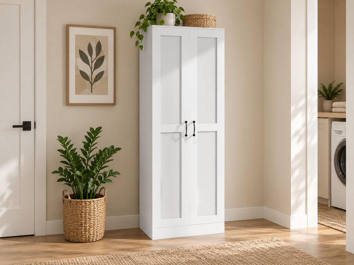 Tall slim white storage cabinet in a bright compact apartment