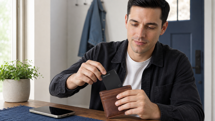 Man placing a slim smart tracker card into a wallet