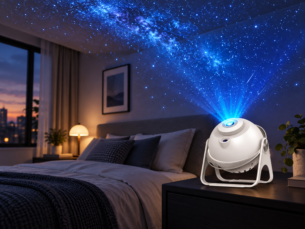 White star projector night light casting blue stars across a modern bedroom