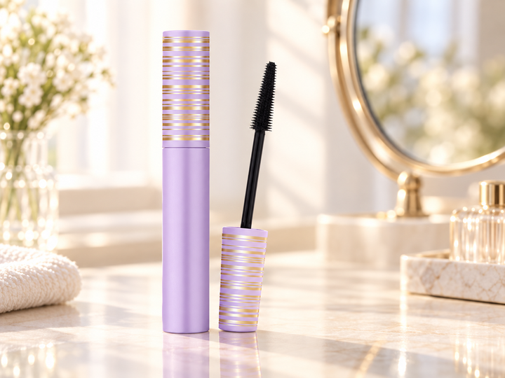Lavender and gold tubing mascara tube with black wand on a sunlit vanity