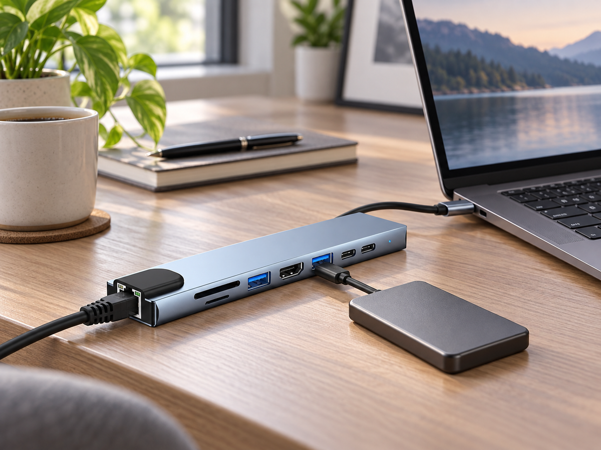 Silver Type-C 8-in-1 docking station connected to a laptop on a tidy home-office desk