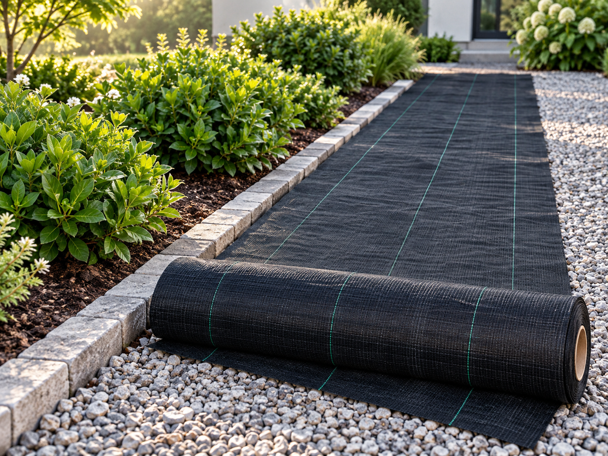 Black woven weed barrier fabric with green guide lines unrolled beside a landscaped gravel path