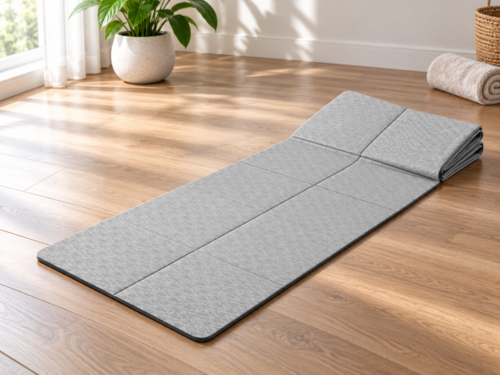 Light gray foldable yoga mat partly unfolded to show its accordion seams in a sunlit home exercise room