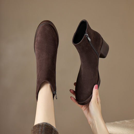 Genuine Leather Vintage Ankle Boots with Chunky Heel