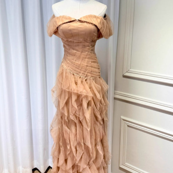 Light brown one-shoulder pleated ruffle maxi dress, photo 5