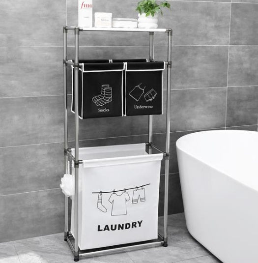 Laundry sorter beside a bathtub