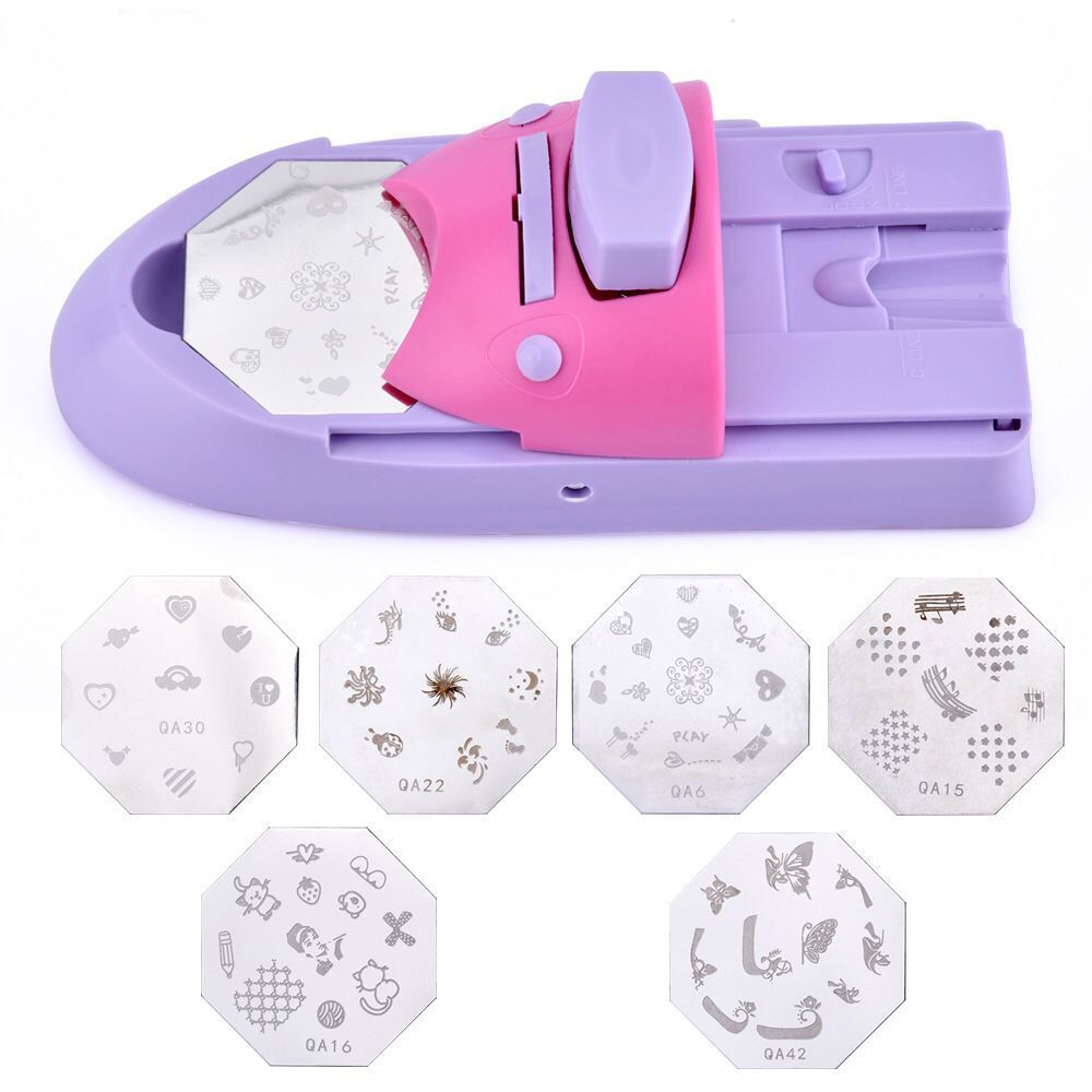 DIY Nail Art Stamper with 6 Pattern Plates and Stamp Head for Fingernail Printing Tool