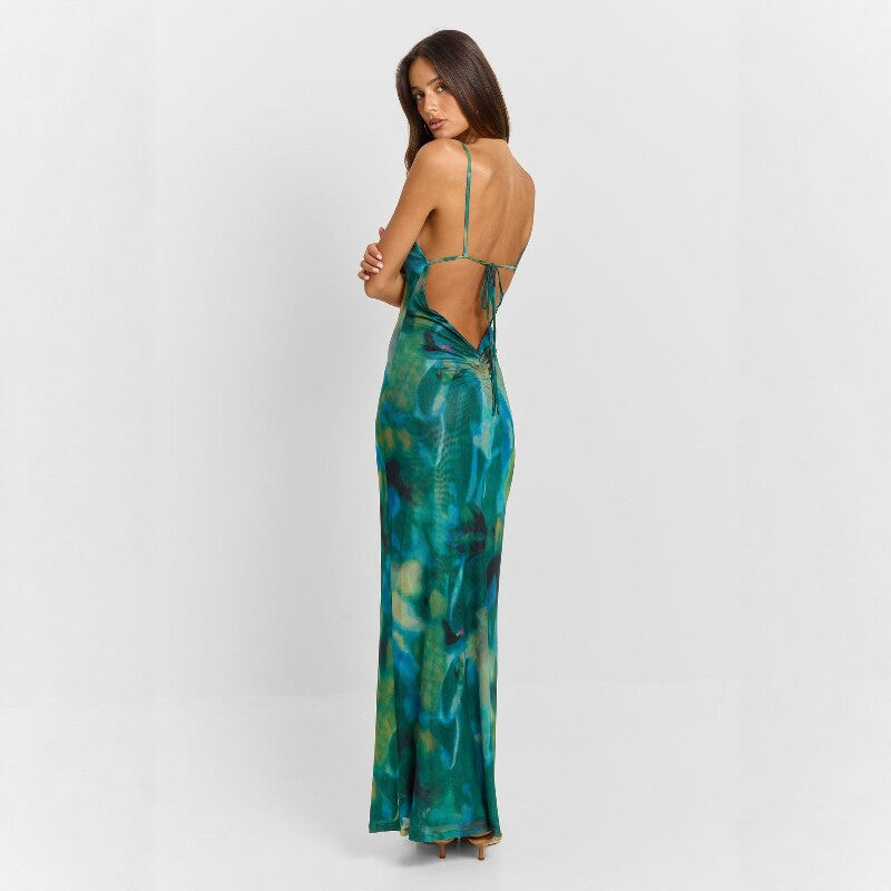 Women's Abstract Print U-Neck Backless Fishtail Hem Dress