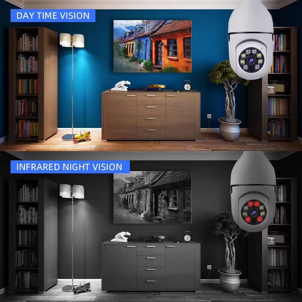 Bulb camera full color night vision and infrared night vision in a living room