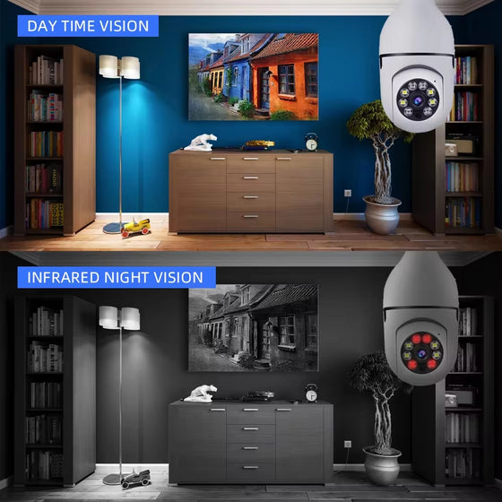 Bulb camera full color night vision and infrared night vision in a living room