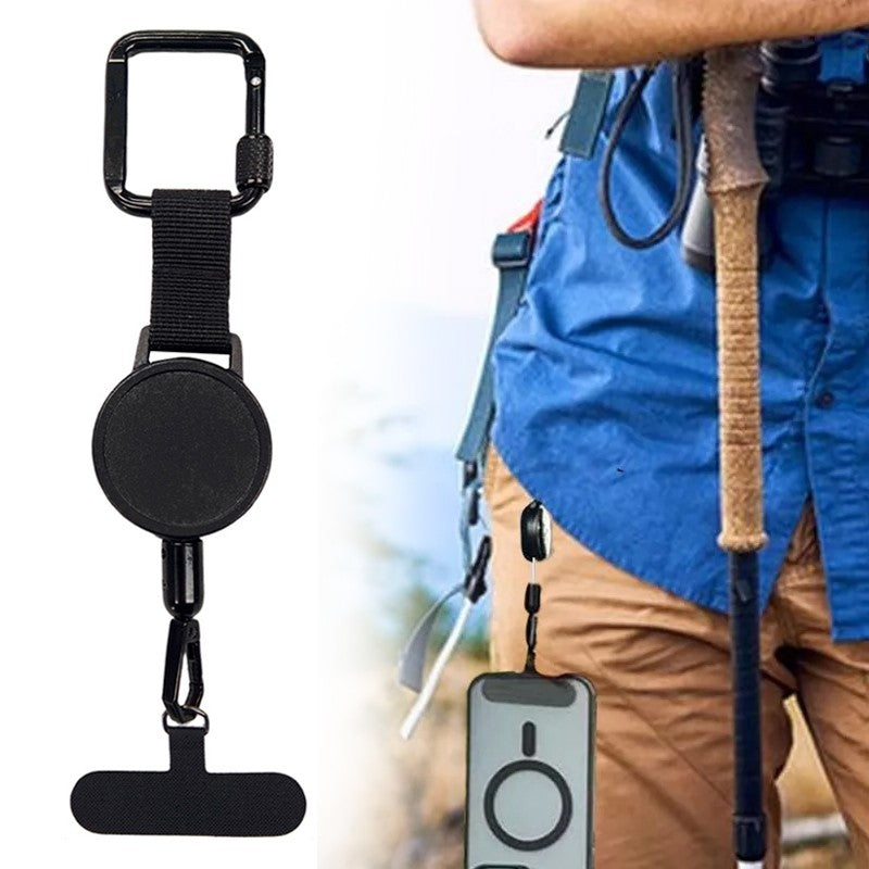 Retractable phone lanyard with clip, front view
