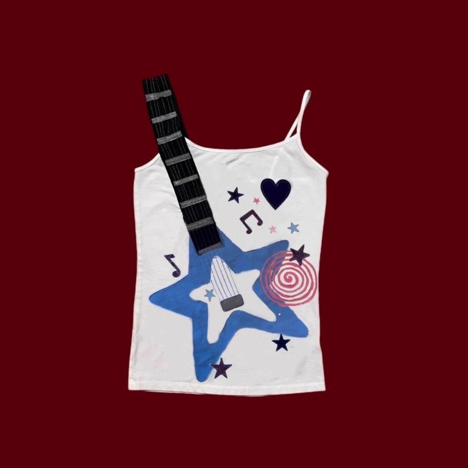 Y2K Guitar Rhinestone Camisole Top with Heart Star Print
