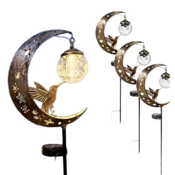Solar Hummingbird Moon Lamp Crackled Glass Outdoor Garden Light