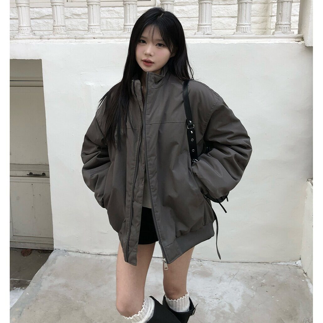Women's Korean Style Stand-Up Collar Pilot Sleeve Pleated Cotton-Padded Jacket