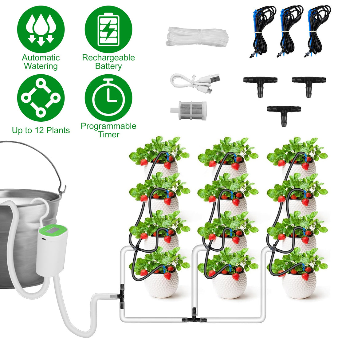 Automatic indoor plant watering system with timer, pump and drip stakes