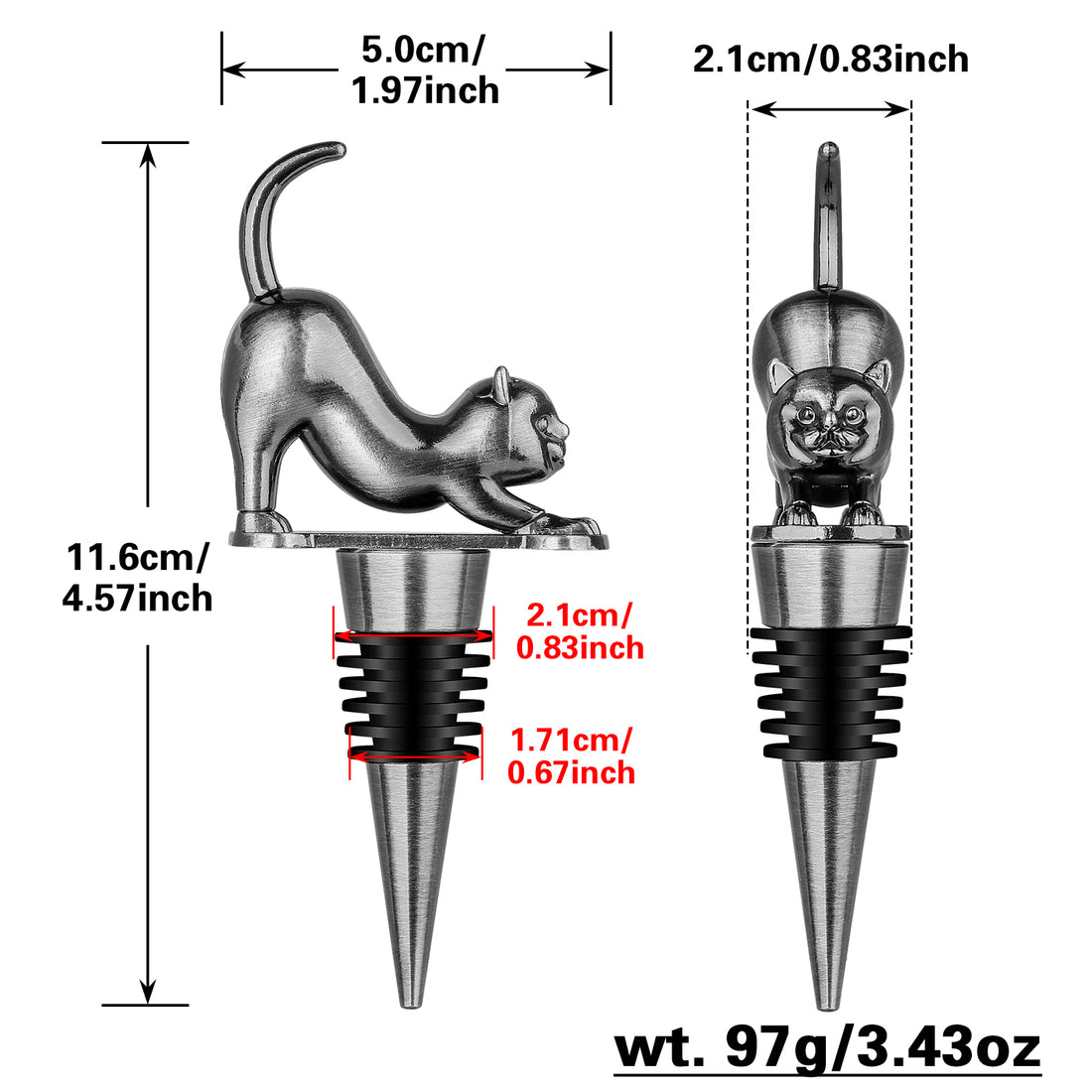 Dark silver cat wine stopper dimensions with plug sizes