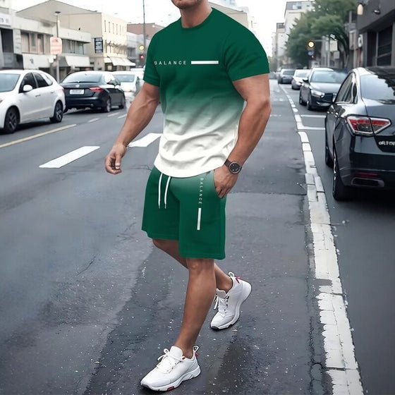 Man in a green gradient T-shirt and shorts set