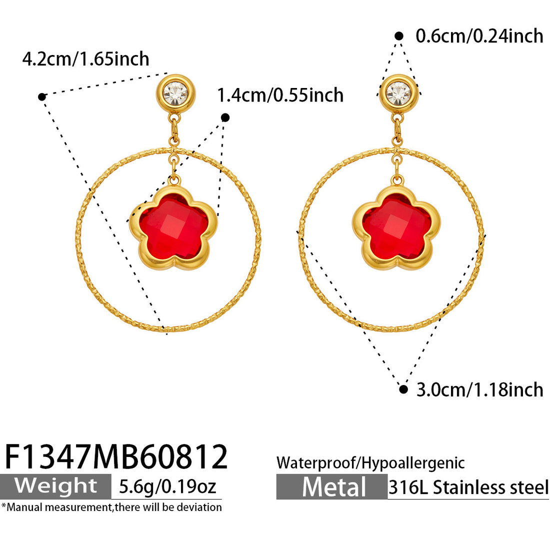 Large circle flower-shaped glass stone long earrings