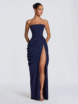 Off-shoulder ruffled slit dress