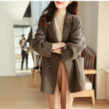 Women's loose mid-length checked wool coat