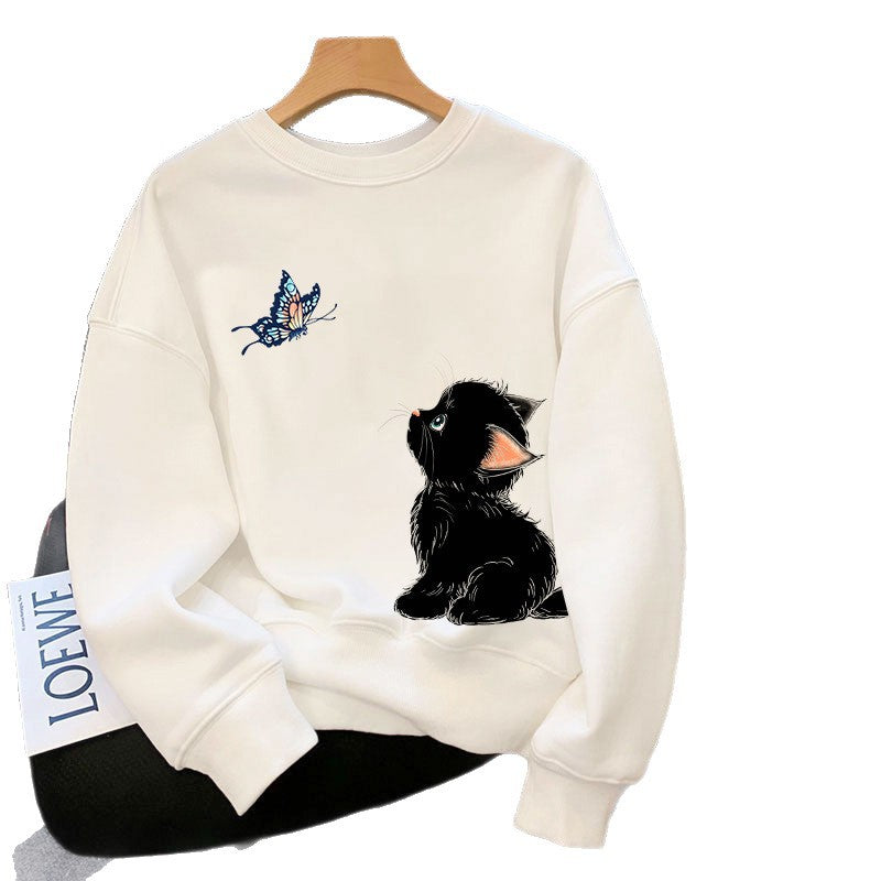 Loose cat print long sleeve sweatshirt in blue, red or white, photo 4