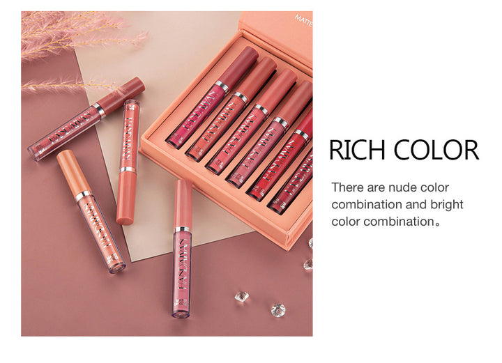 Liquid lipstick set tubes laid out, showing six matte shades