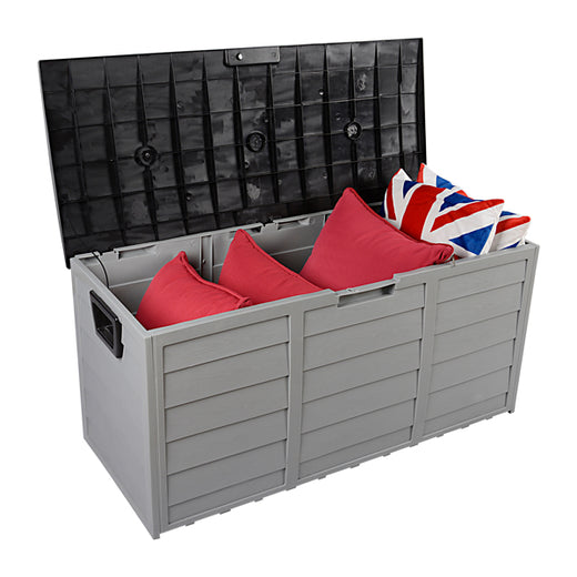 Patio storage box lid latch and lock detail