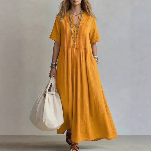 Women's V-Neck Pleated Cotton Linen Dress