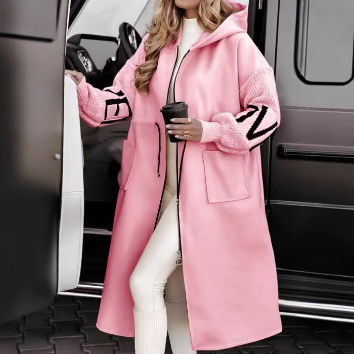Women's Casual Hooded Long Patchwork Zip-Up Coat