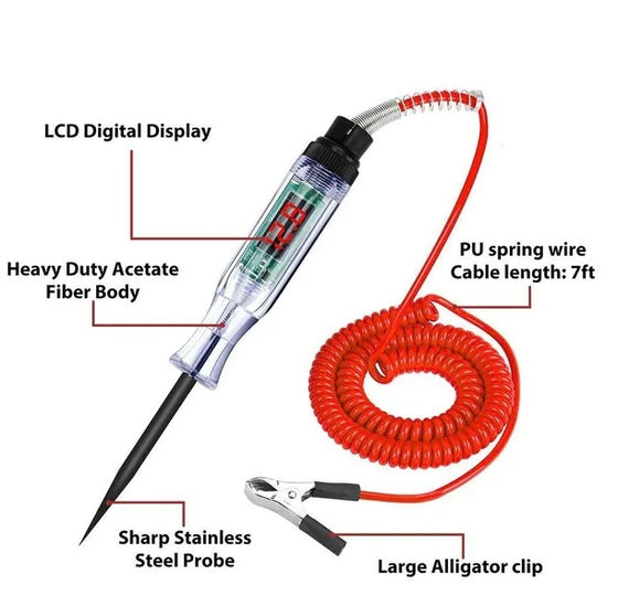 Labeled parts: display, probe, coiled cord, alligator clip