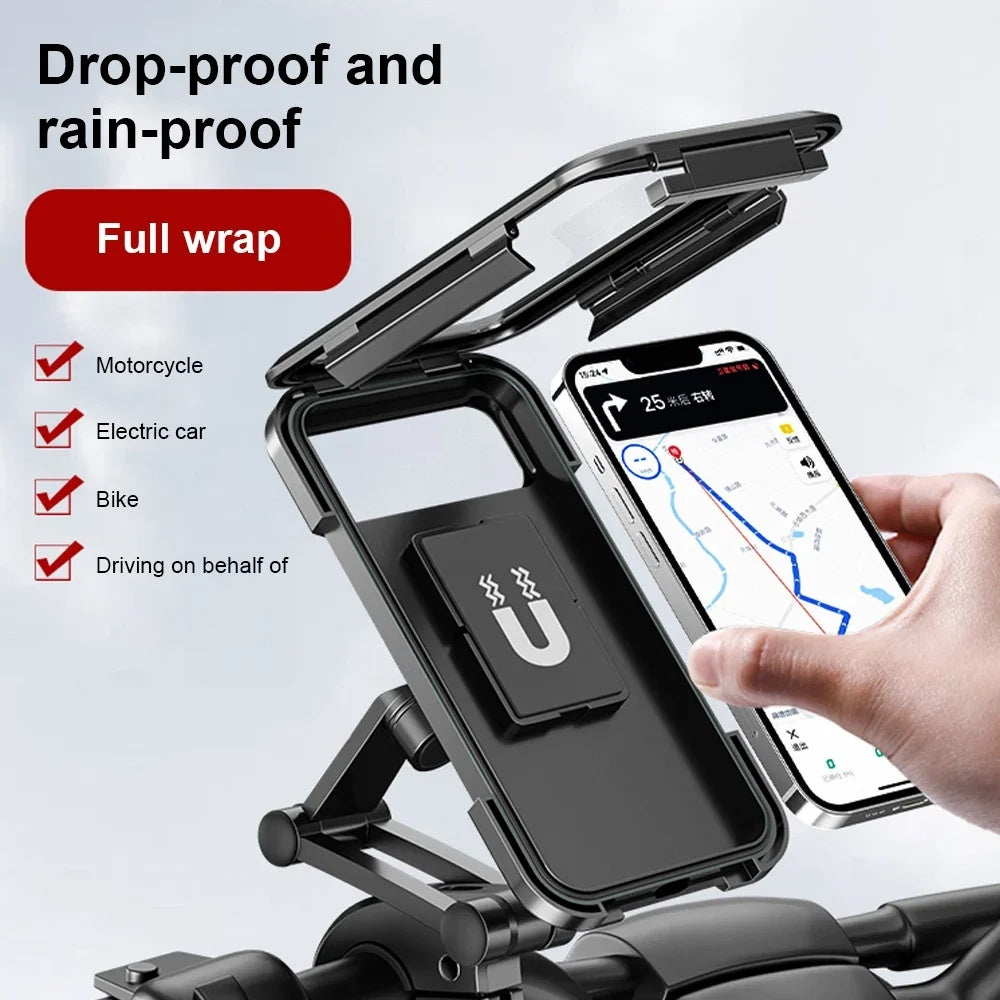 Motorcycle phone holder mounted on handlebar with waterproof body