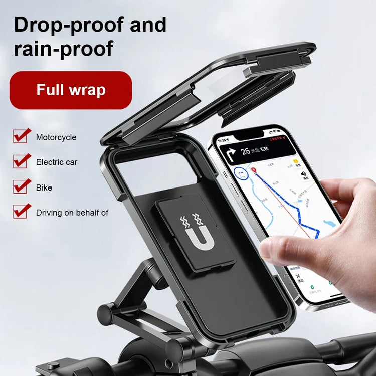 Motorcycle phone holder mounted on handlebar with waterproof body