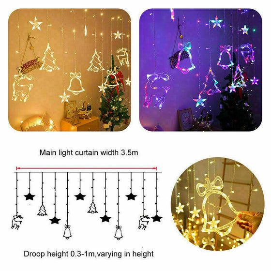 LED curtain lights in warm white and multicolor with size diagram