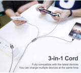 3 in 1 charging cable with USB-C, Lightning, and Micro-USB connectors
