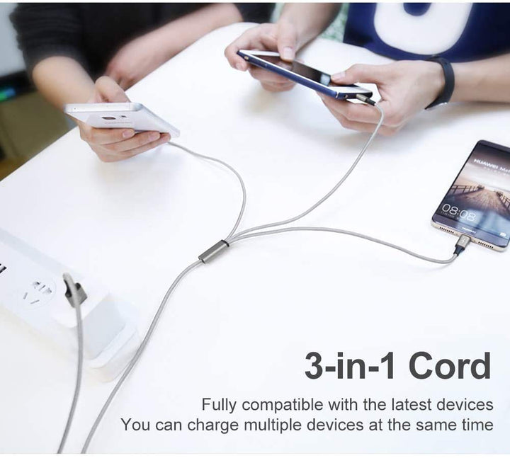 3 in 1 charging cable with USB-C, Lightning, and Micro-USB connectors
