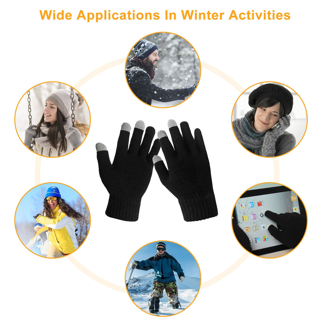 Black knit gloves surrounded by photos of winter activities