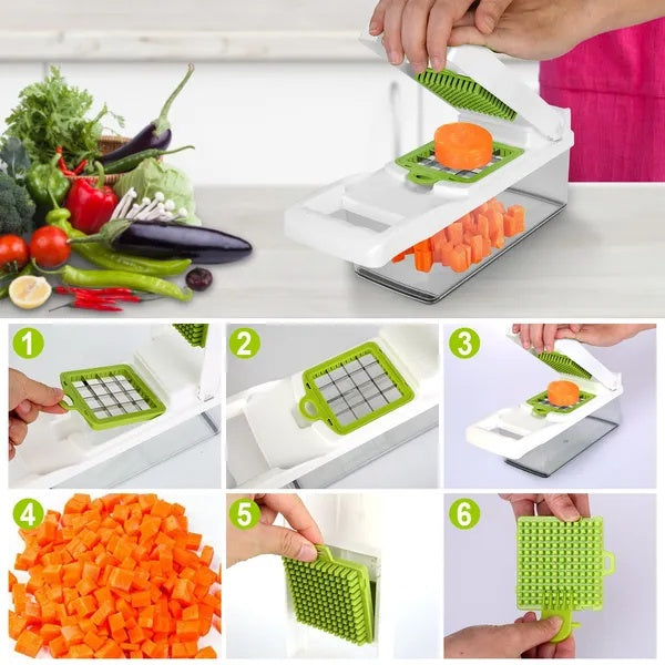 Vegetable chopper components shown disassembled for cleaning