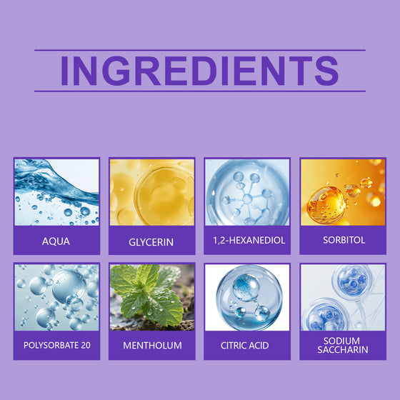 Ingredient list graphic for purple mouthwash on a purple background
