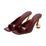 Metallic Square-Toe Open-Toe Slippers with Chunky Heel