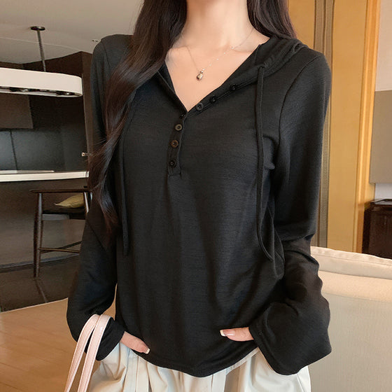Women's Button-Down Knit Hoodie Long Sleeve Henley T-Shirt