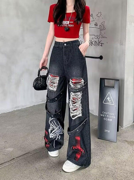 Womens Punk Style Retro Distressed Ripped Wide Leg Jeans