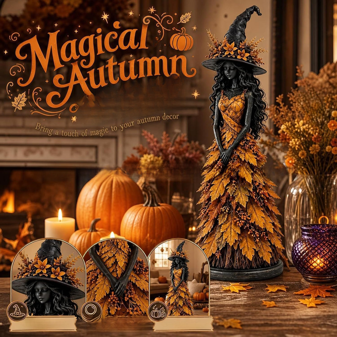 Enchanted Autumn Witch Resin Statue Halloween Magic Decor