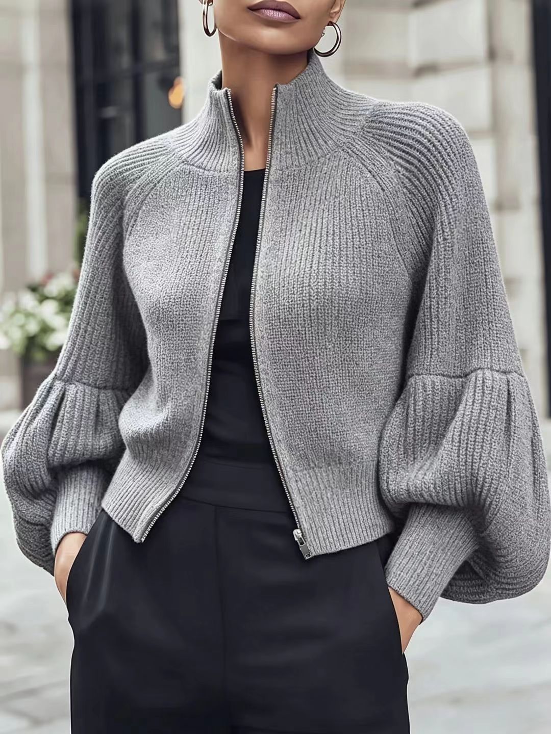 Women's Stand Collar Zip-Up Lantern Sleeve Textured Knit Sweater