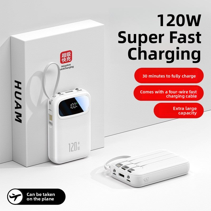 Large-capacity, compact power bank with built-in cable