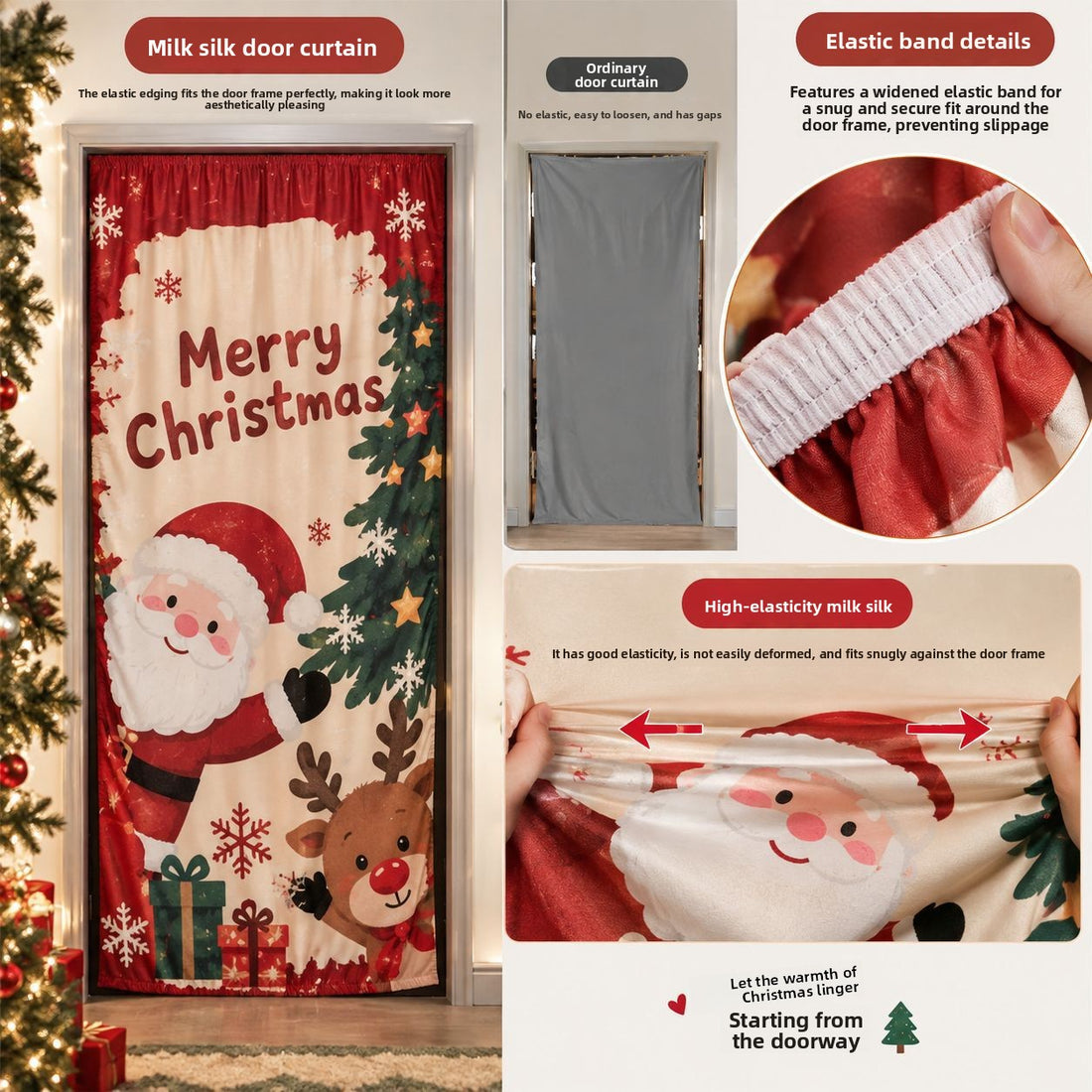 Milk Silk Christmas Door Banner Reindeer Santa Claus Design Festive Party Decoration Hanging Cloth for Home Living Room Bedroom
