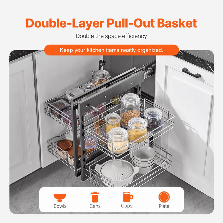 Blind corner pull-out with pivot trays extended