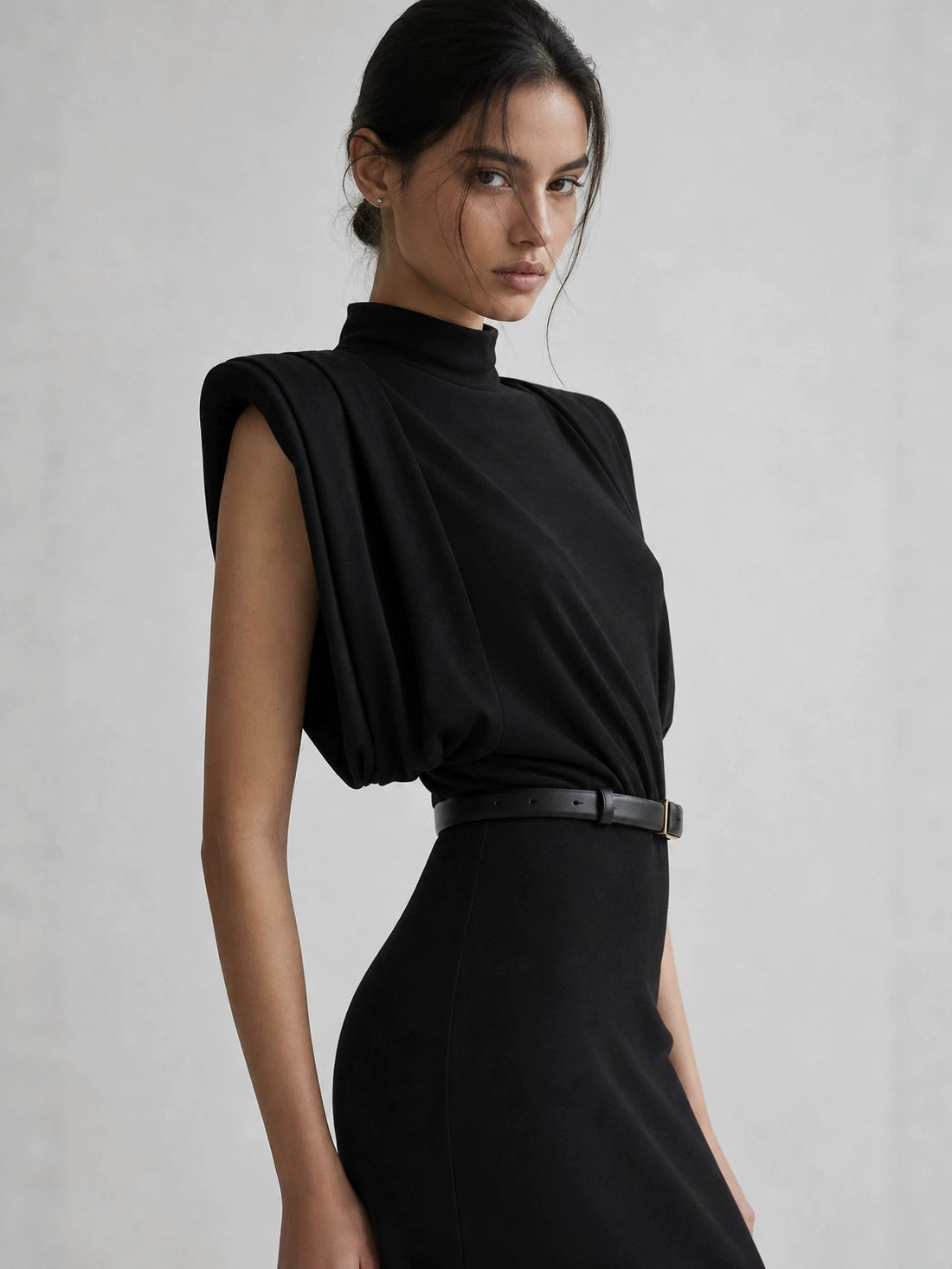 Women's Sleeveless High Neck Evening Party Long Dress with Belt